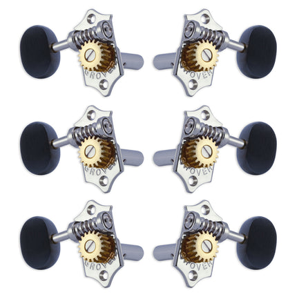 Grover STA-TITE Machineheads ~ 3+3 ~ Horizontal ~ Chrome ~ Ebony Buttons