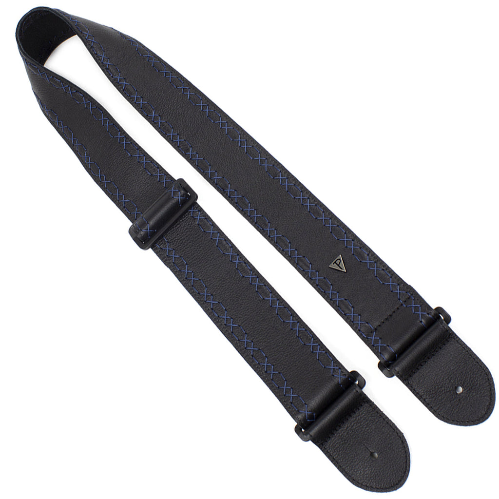 Perri's Soft Glove Leather 2.5" Guitar Strap ~ Black with Blue Stitch