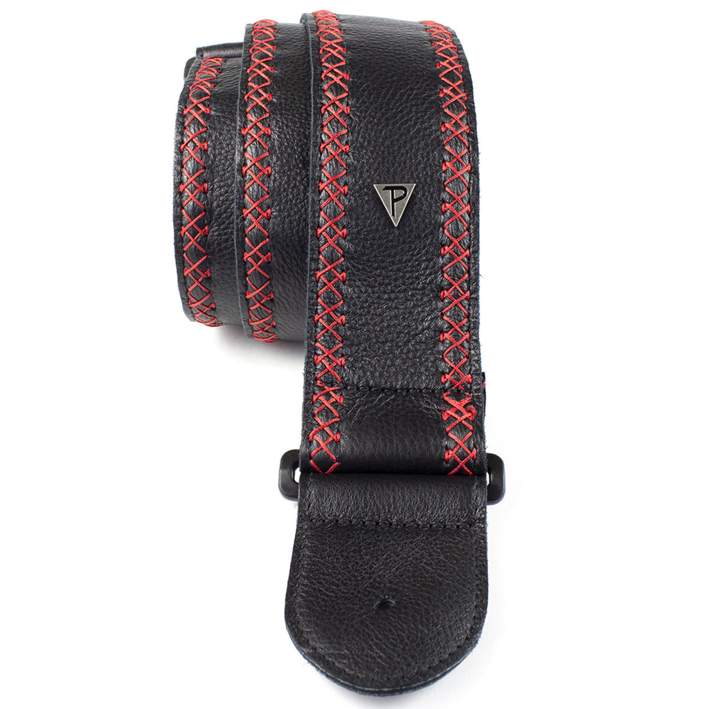 Perri's Soft Glove Leather 2.5" Guitar Strap ~ Black with Red Stitch