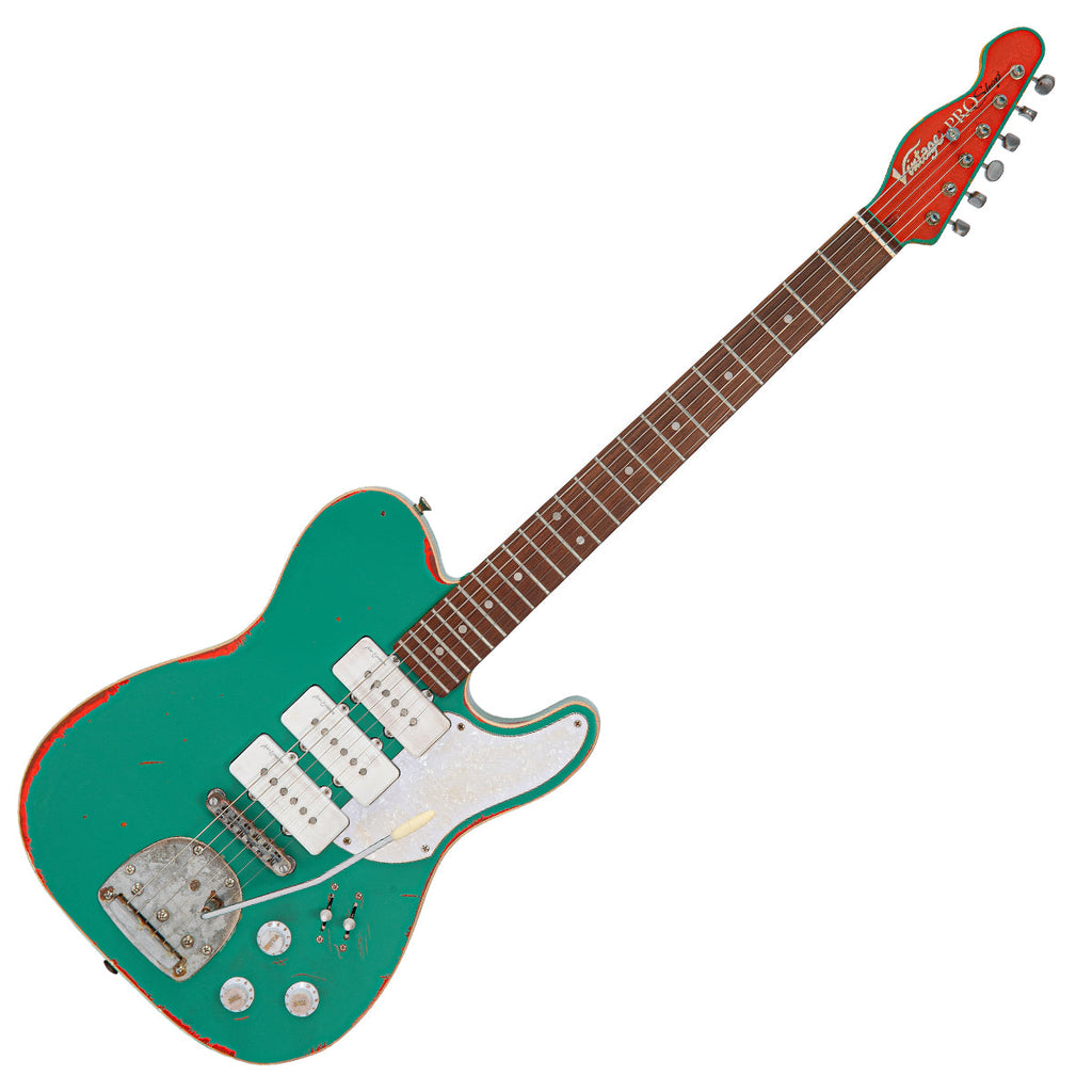 Aged Green Over Neon Orange Vintage Revo VRBT72 ProShop Unique Electric Guitar